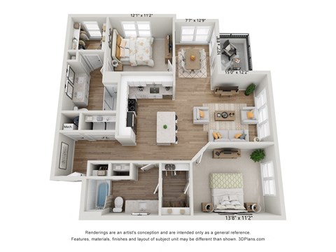 Floor plan for 2 beds, 2 baths, 1207 sqft